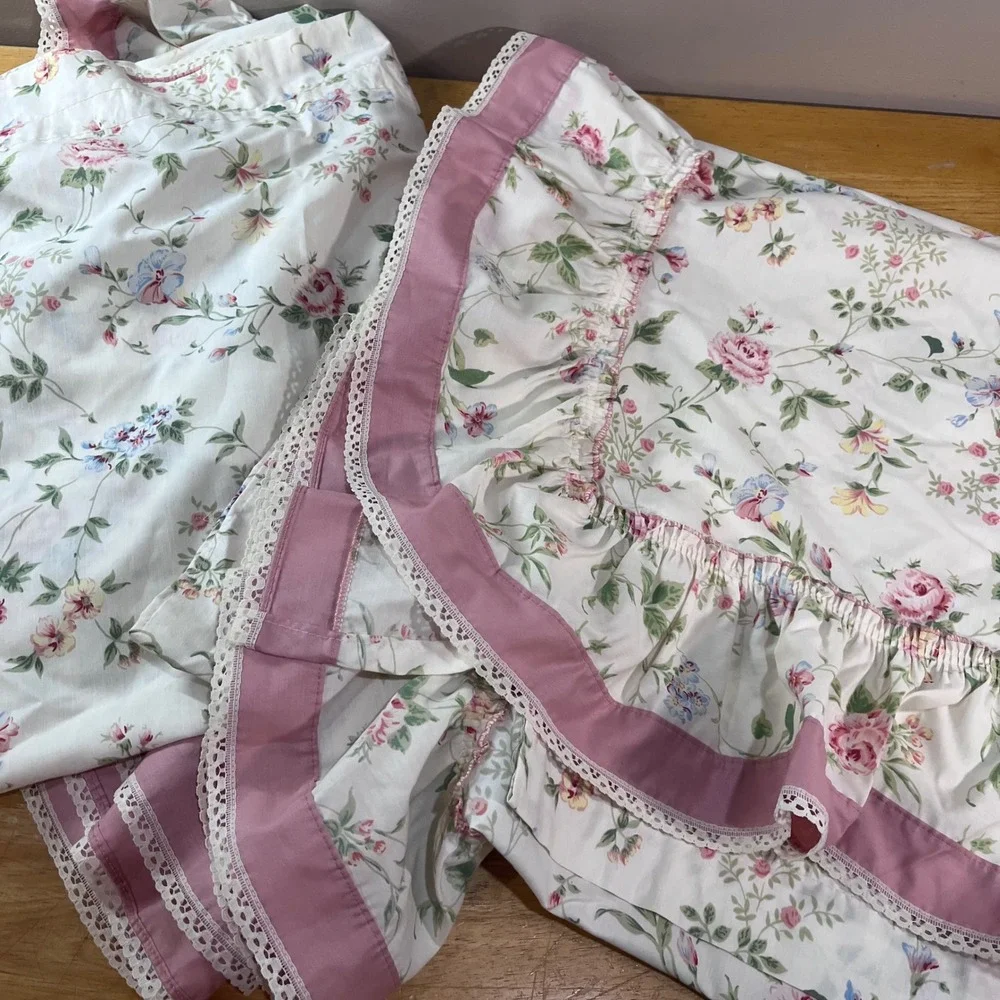 Vtg JCPenney Floral Ruffle Lace Curtain Panels 50x84 Pink Rose Cottagecore 2pc